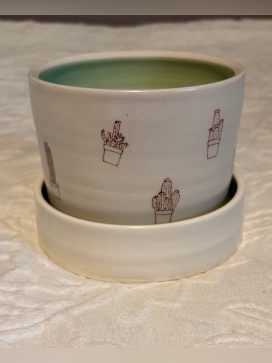 Other - Whimsical White Ceramic Planter with Green Interior and Cactus Motif